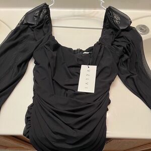 Sheer Sleeve Ruched Mini Dress - Black XL